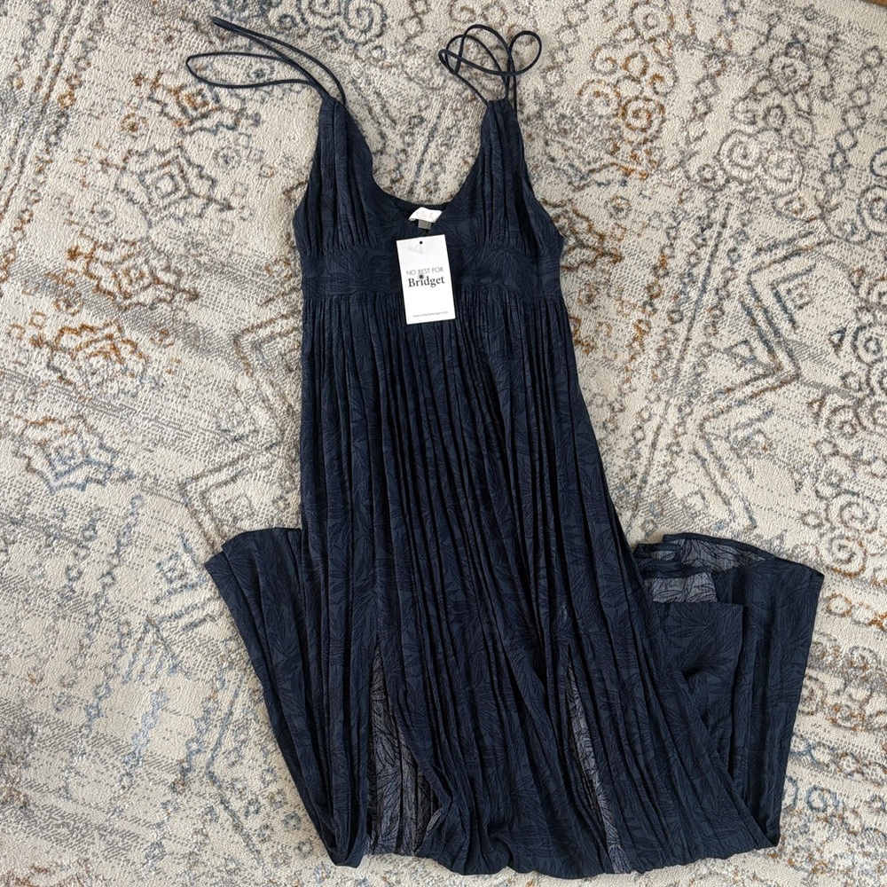 NWT No Rest for Bridget Navy Blue Leaf Pattern Midi Maxi Dress Medium